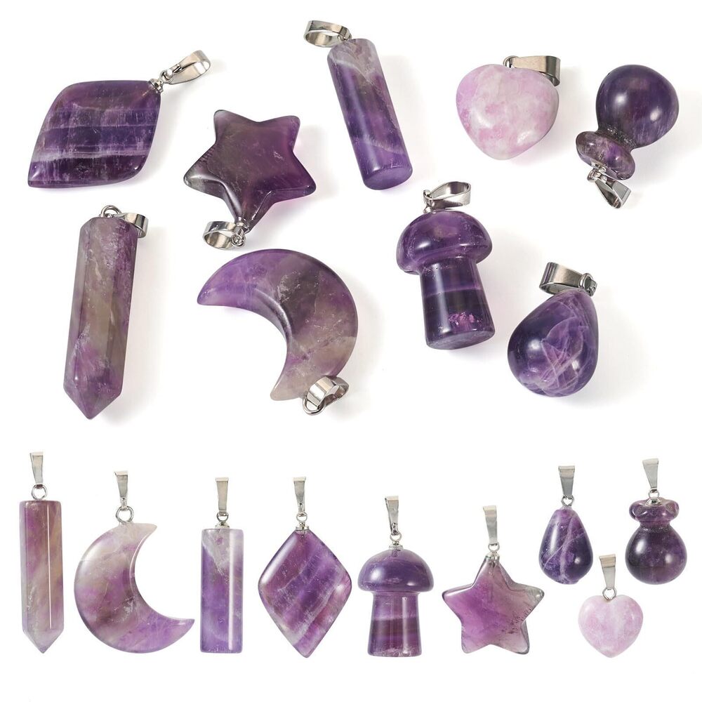5325 9Pcs Natural Amethyst Pendants 9 Styles Purple Mica Stone Charms
